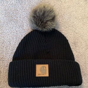 Carhartt Black Beanie with Faux Fur Pom